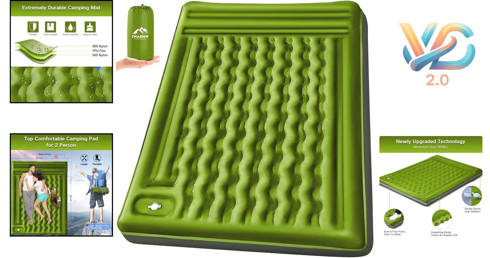 Extra-Thick 6'' Double Camping Sleeping Pad with Built-in Foot Pump Waterproo...