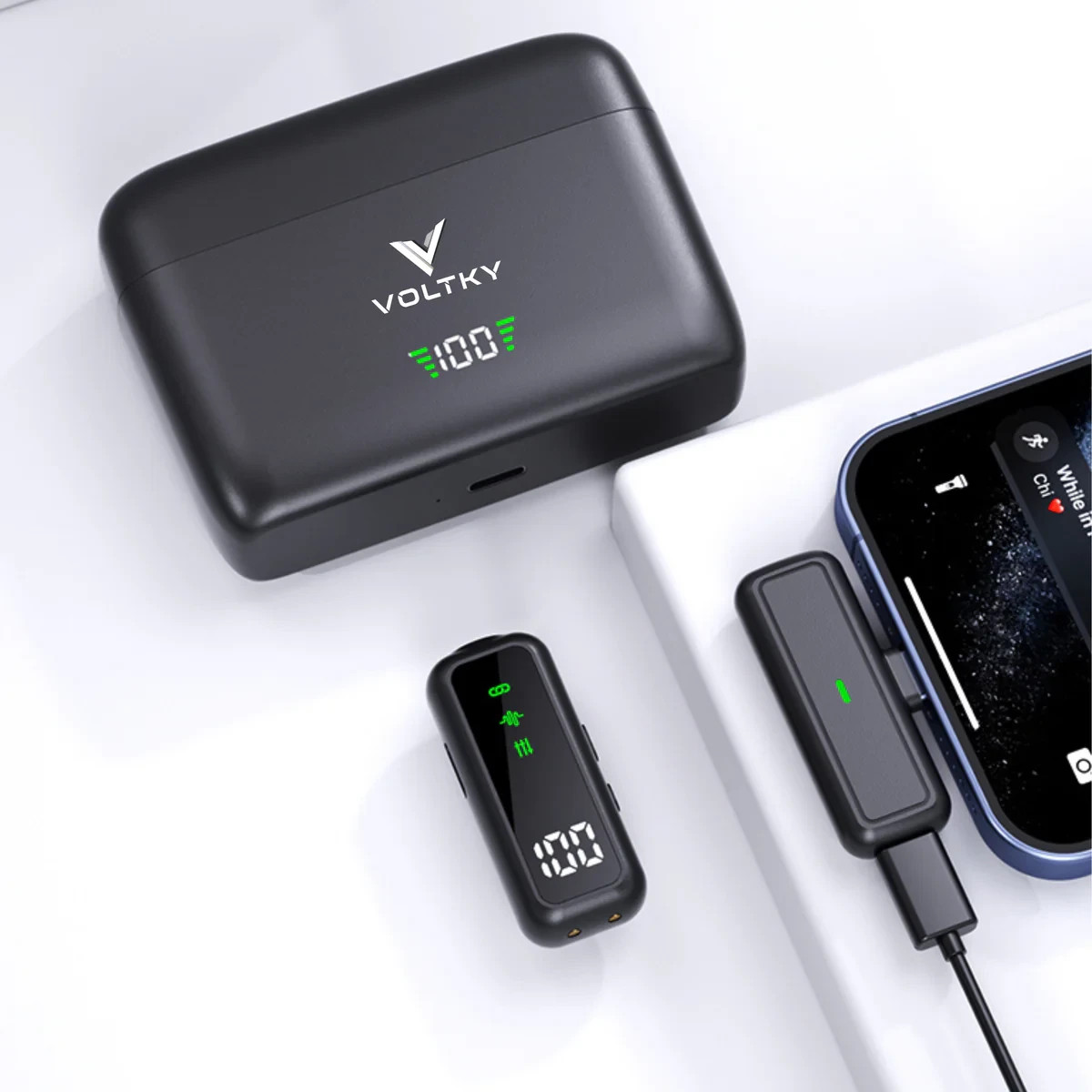 Voltky AI intelligent noise reduction wireless microphone USB C and lightning