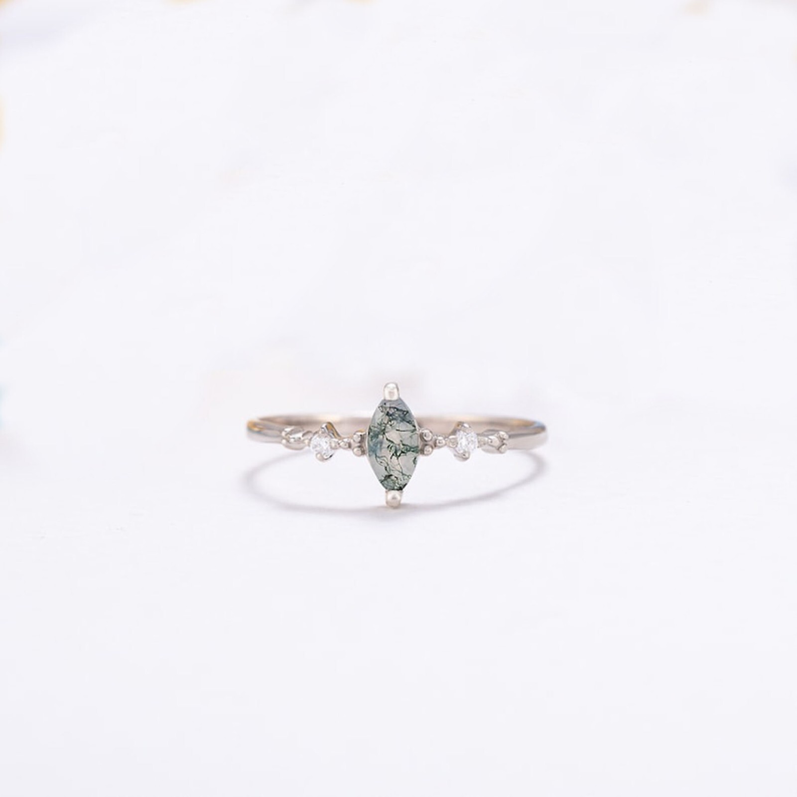 Natural Moss Agate Ring 925 Sterling Silver Handmade Jewelry Marquise Ring
