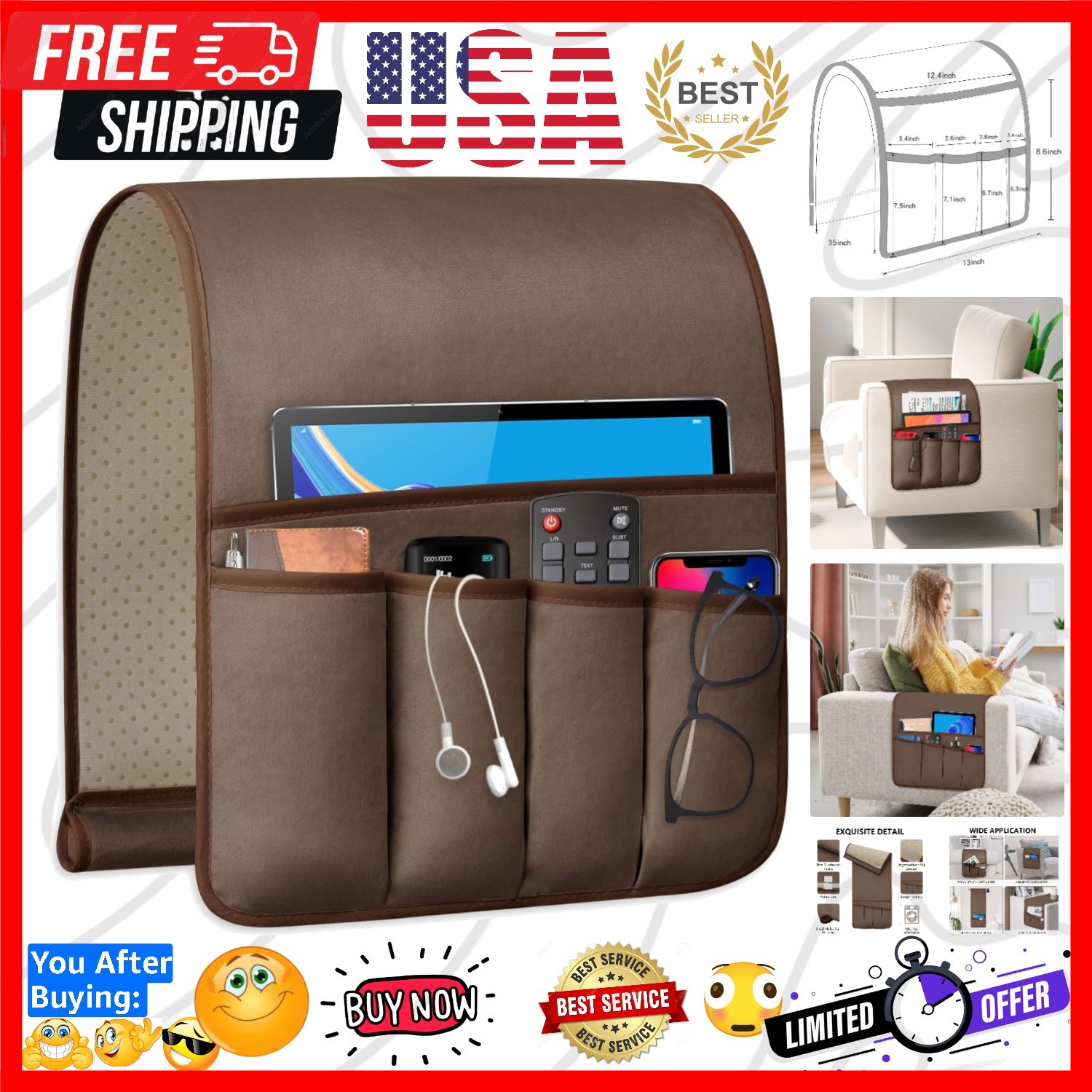 Remote Control Holder for Armchair, Couch Caddy Organizer TV Remote Holder fo...