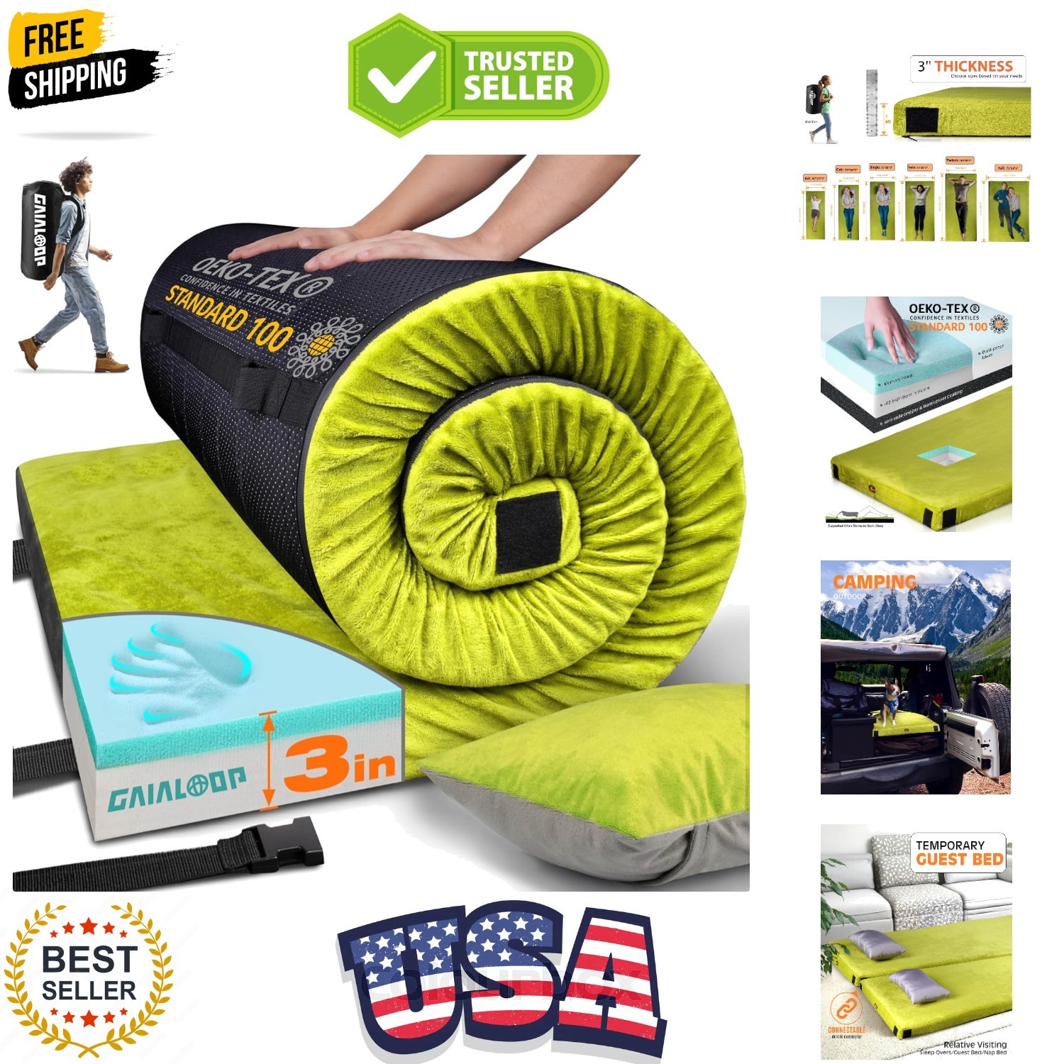 3 Inch Memory Foam Camping Mattress, Dual Layer Thick Sleeping Camp Pad for C...