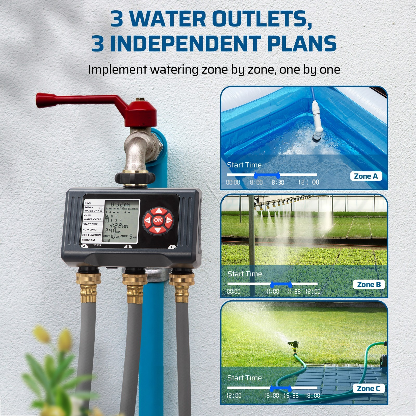 Sprinkler Timer Outdoor, Programmable Water Timer with Rain Delay Manual Mode