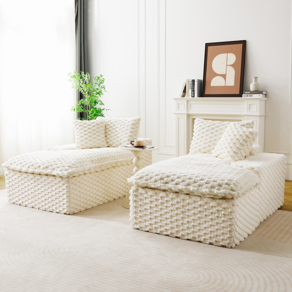White Turtle Velvet Double Chaise Lounge w/ Sponge, Multifunctional Sofa