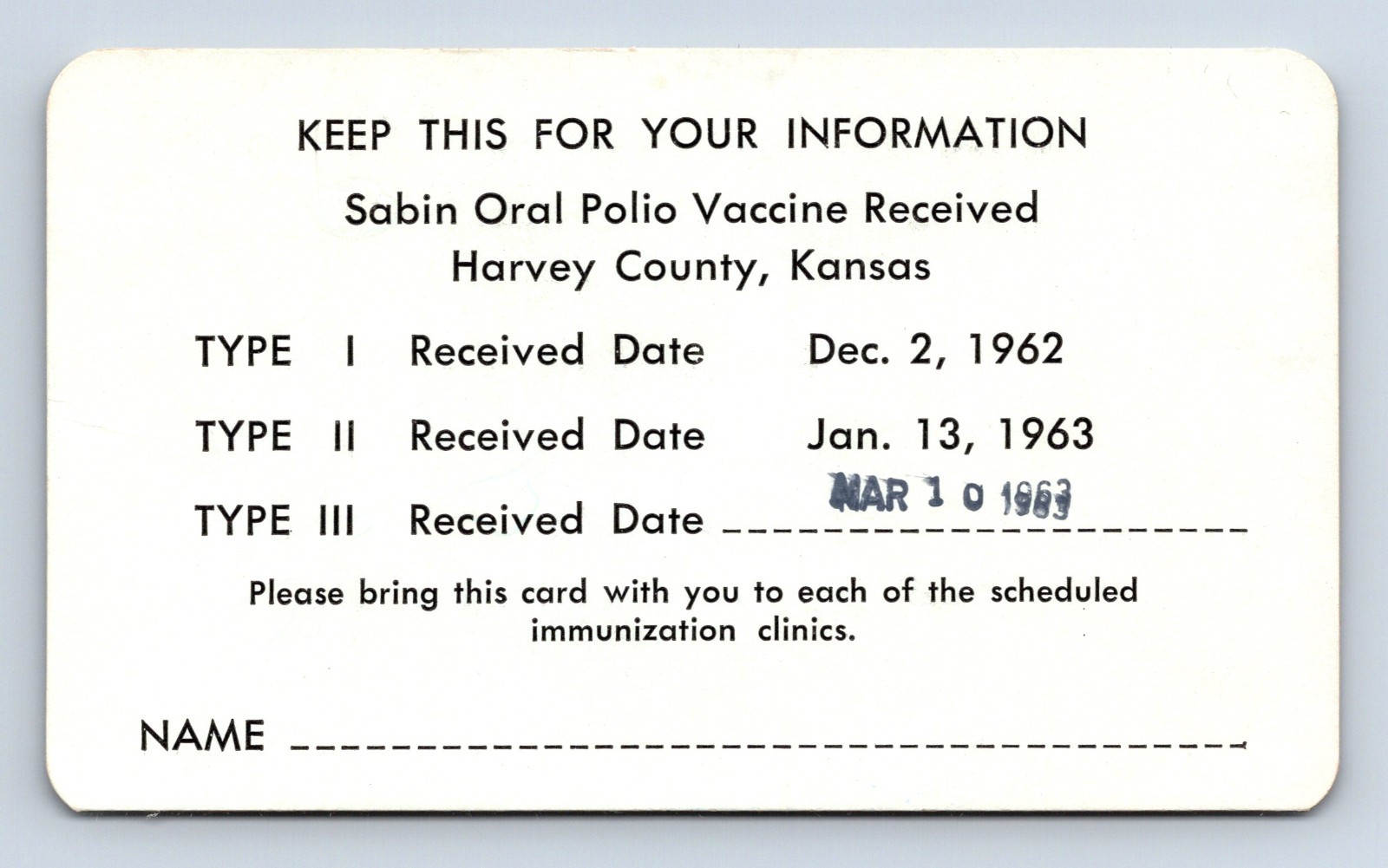 Vintage Sabin Oral Polio Vaccine Record Card 1962 1963 Harvey County KS