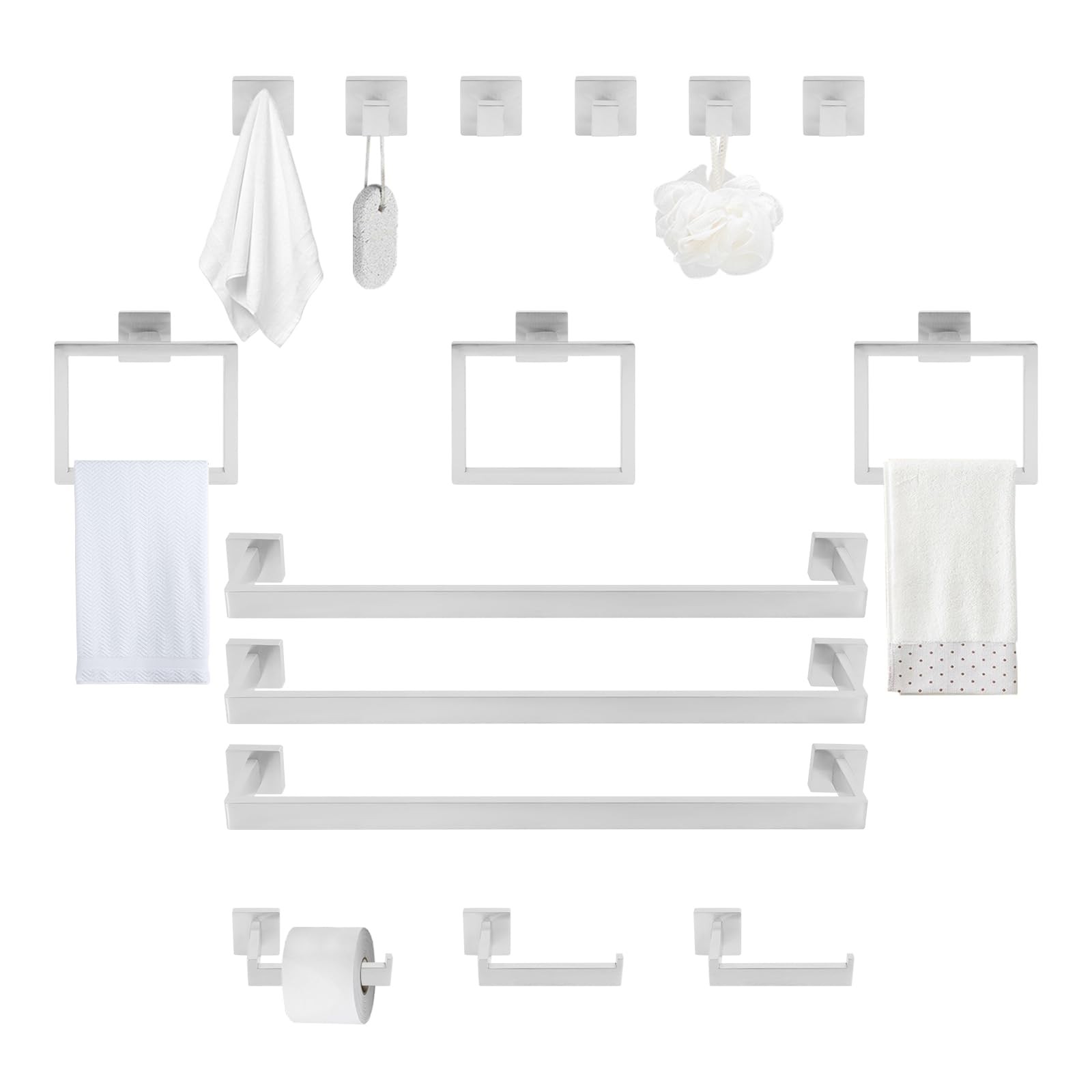 15pc Bath Set Wall Mounted 3 Towel Bar 3 Ring 3 TP Holder 6 Hook Stainless Steel