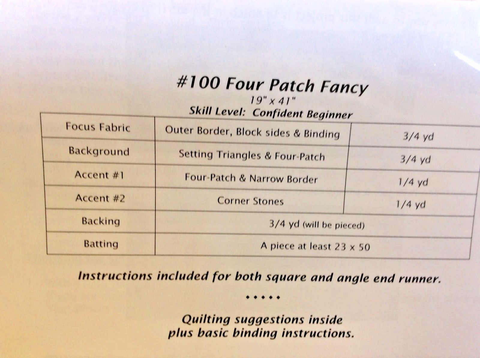 PERKINS DRY GOODS #100-FOUR PATCH FANCY TABLE RUNNER PATTERN