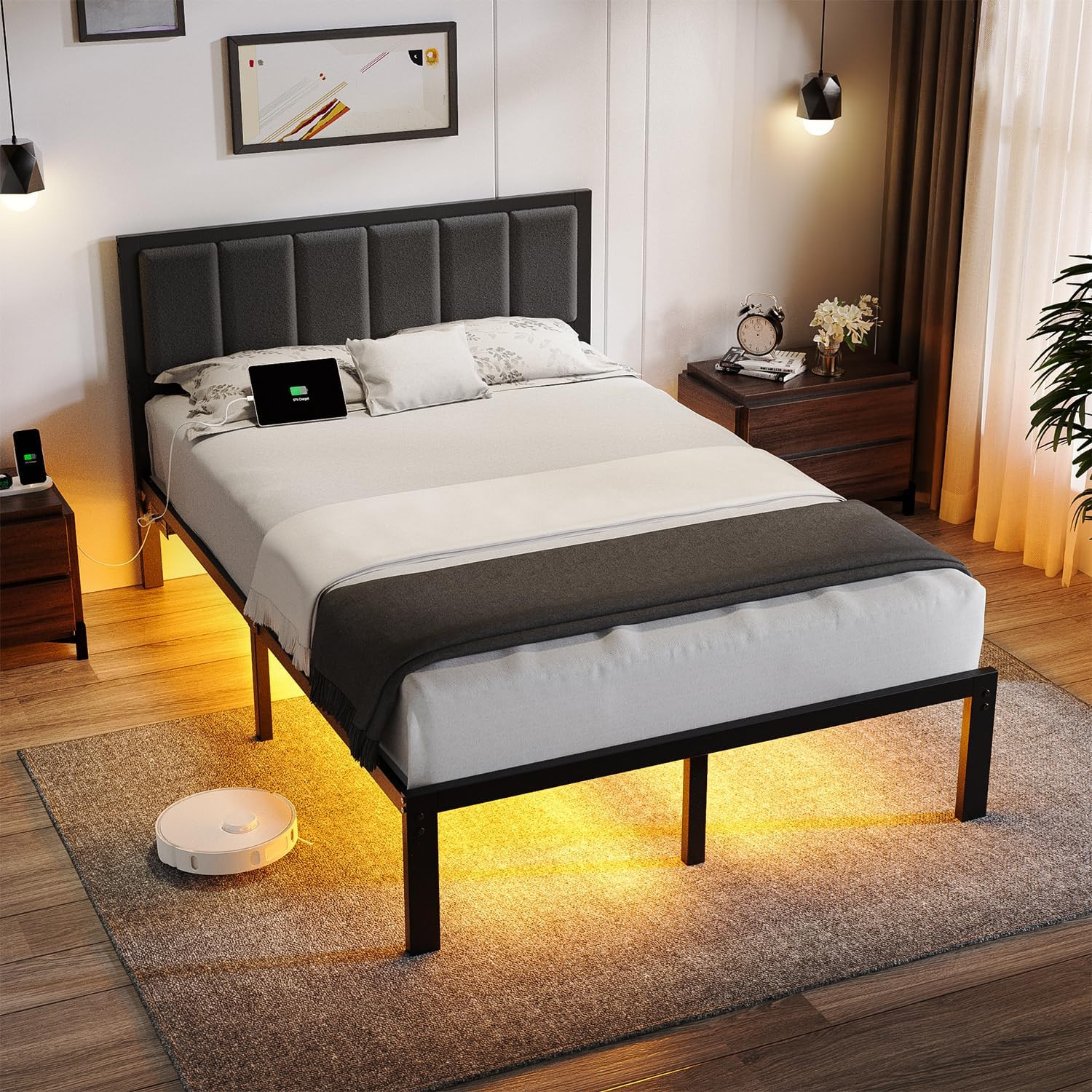 Full Bed Frame with Headboard Metal Platform Bed Full Size with USB Charging Sta