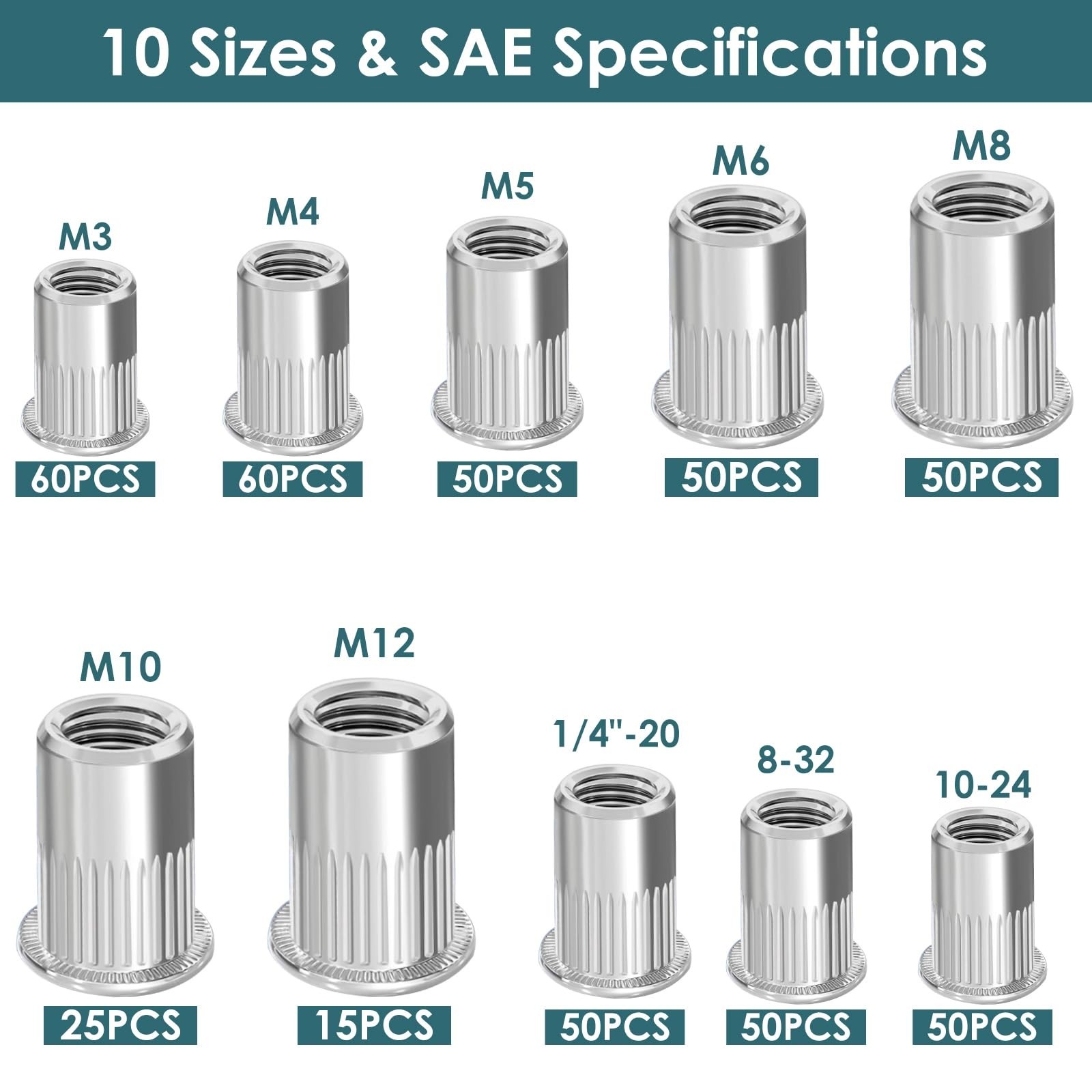 50Pcs M8 Rivet Nuts,Stainless Steel Threaded Rivet,Knurled Nutsert,Flat Head ...