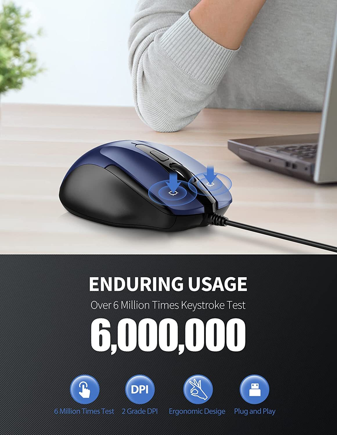 TECKNET 6-Button USB Wired Mouse with Side Buttons, Optical Computer Mouse