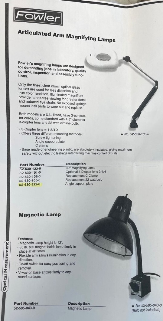 Fowler 52-630-322 Angle Support Plate for Mounting Magnifying Lamp
