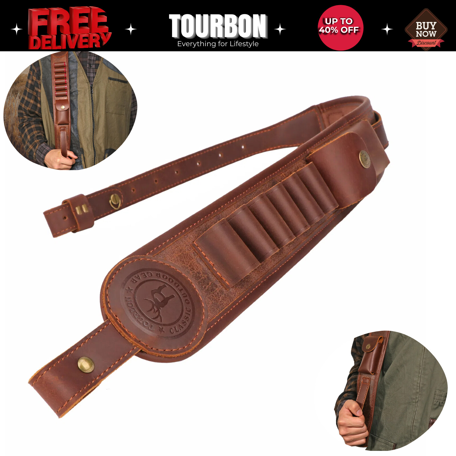 TOURBON 12GA Shotgun Sling Ammo Holder Pouch Finger Rest Strap PU Leather