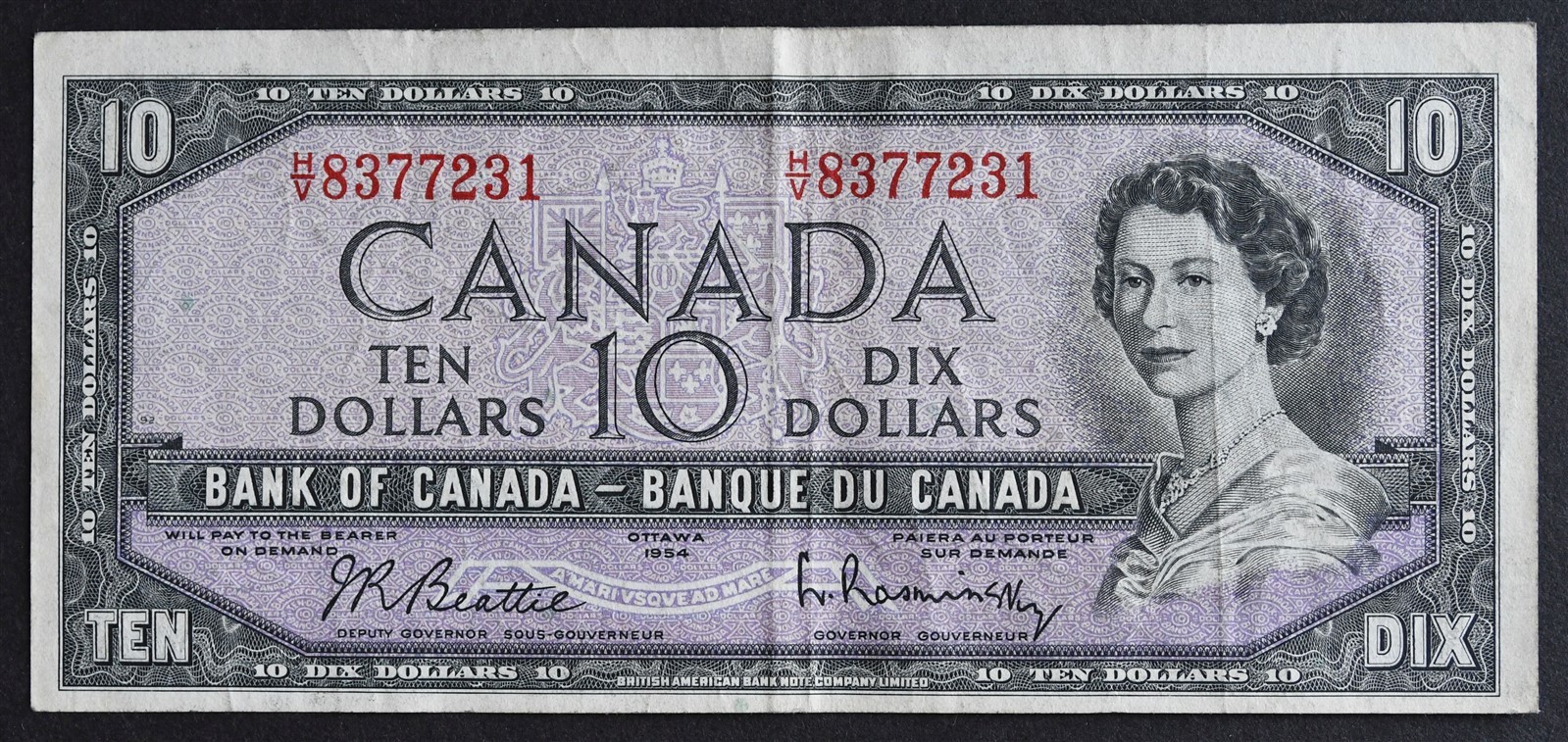 1954 Canada $10 Banknote P#79b S/N# H/V 8377231
