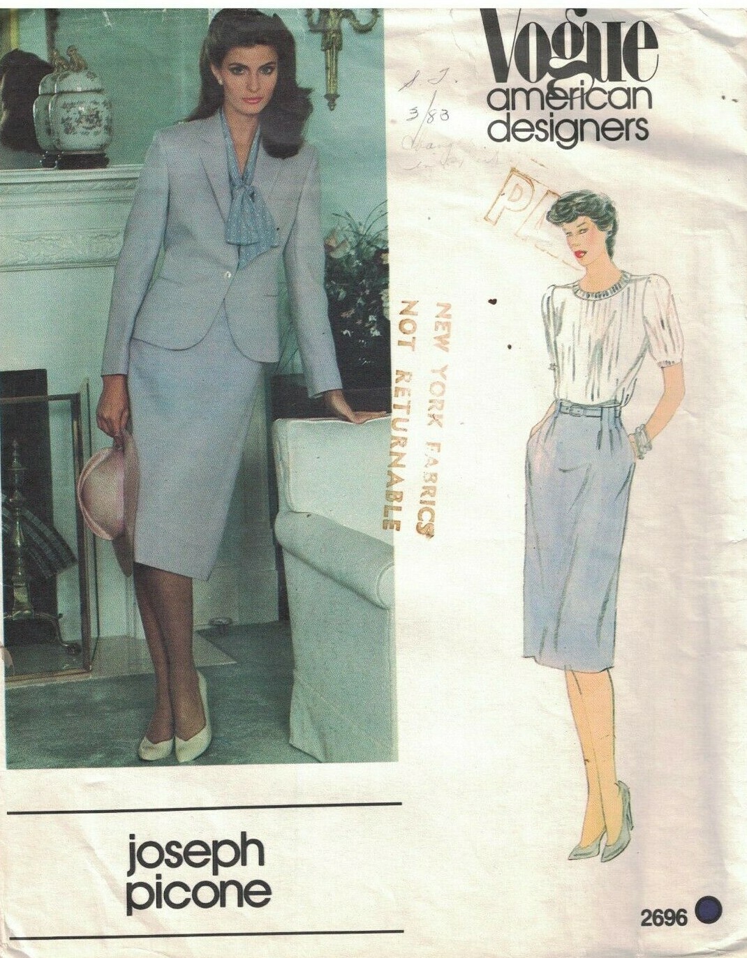 2696 UNCUT Vogue Sewing Pattern Misses Jacket Skirt Belt Joseph Picone Designer