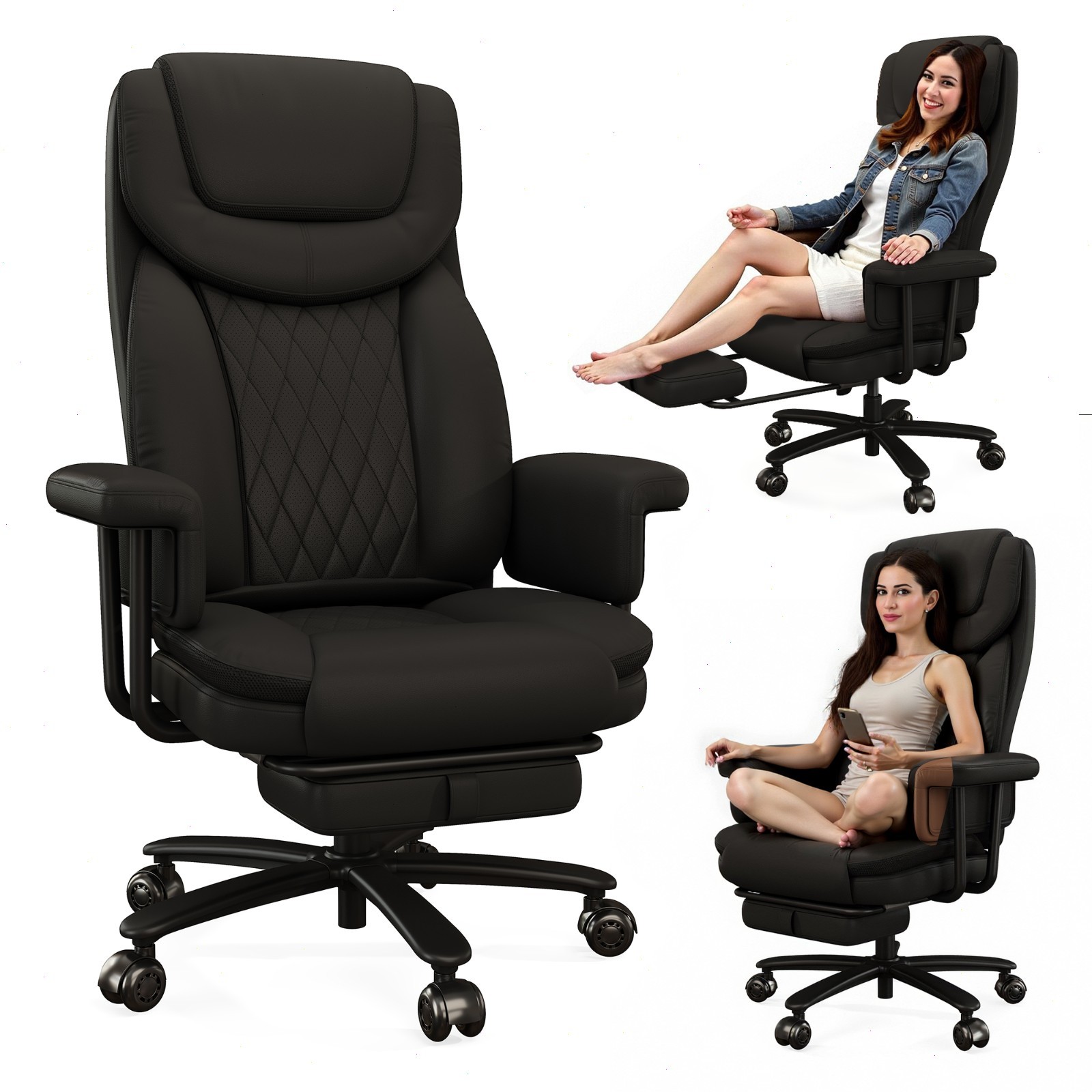 400LBS Big and Tall Executive Chair with Footrest and Quiet Roller Wheels Black