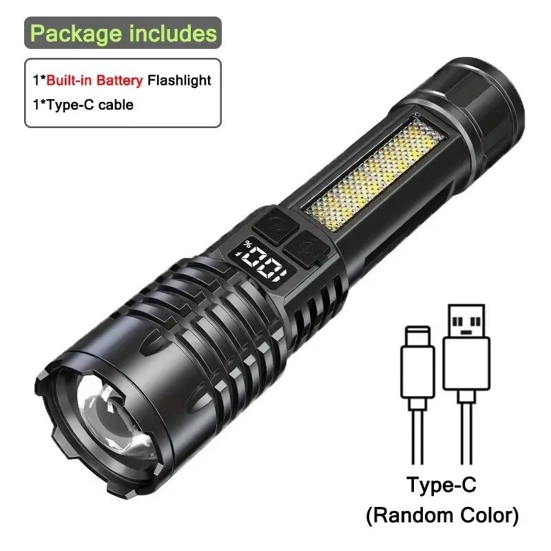 High Power LED Flashlight Type-C Rechargeable COB Torch with Side Light