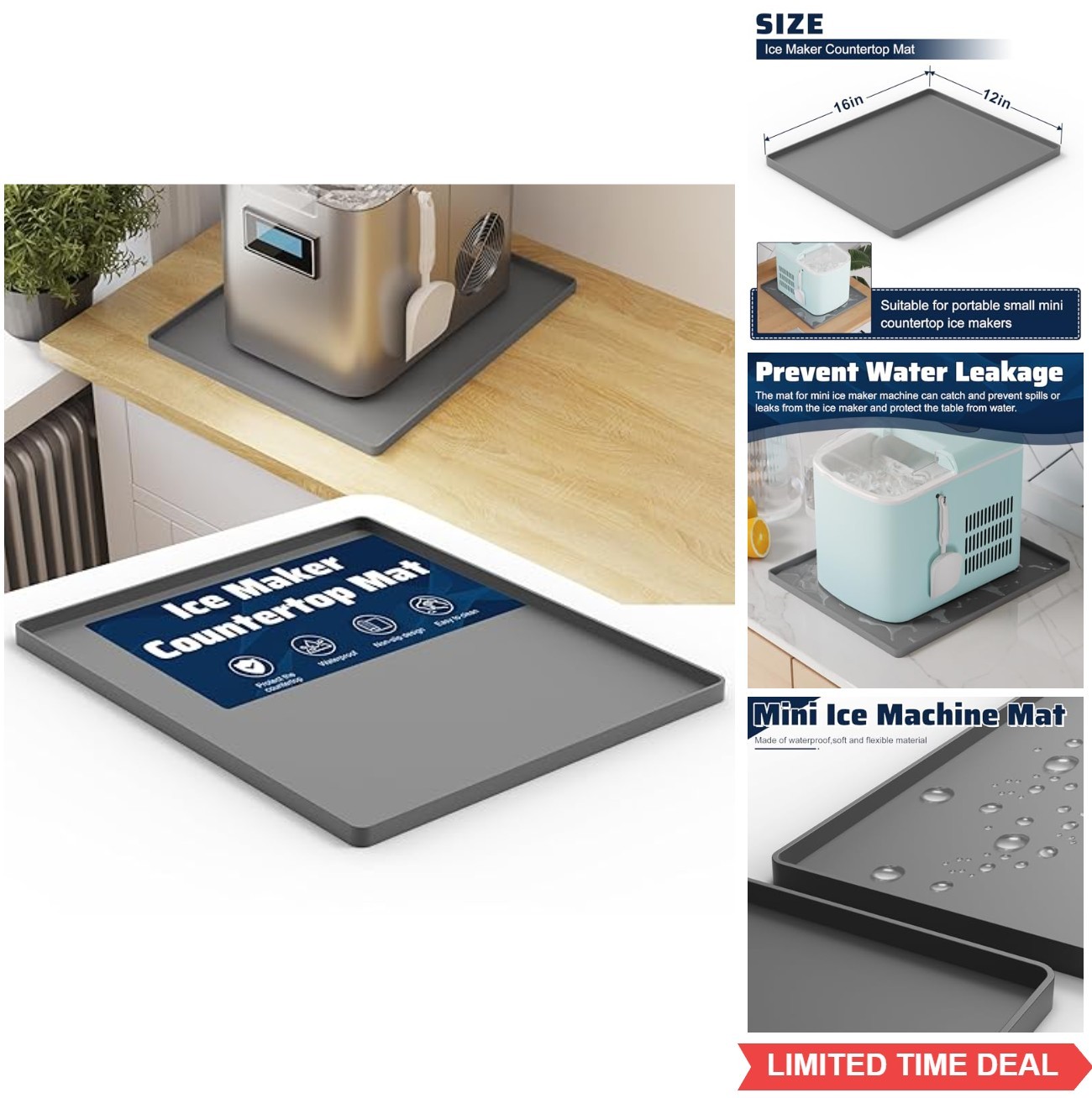Countertop Ice Maker Mat 16 x 12 Inch Silicone Waterproof Raised Edge Protector