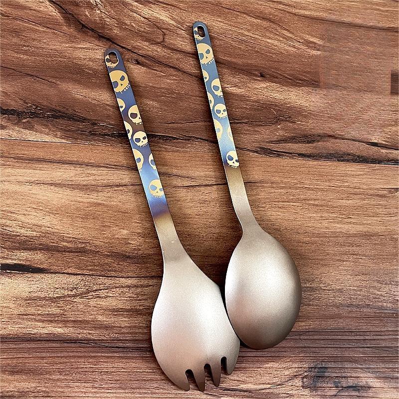 Pure Titanium Long Handle Spoon Spork Lightweight Portable Cutlery EDC Flatware
