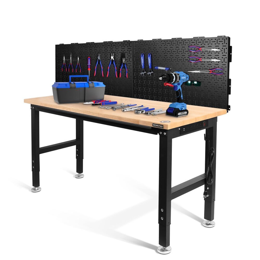 WORKPRO 60" Adjustable Workbench w/2 Pack Metal Pegboard Rubber Wood Workstation