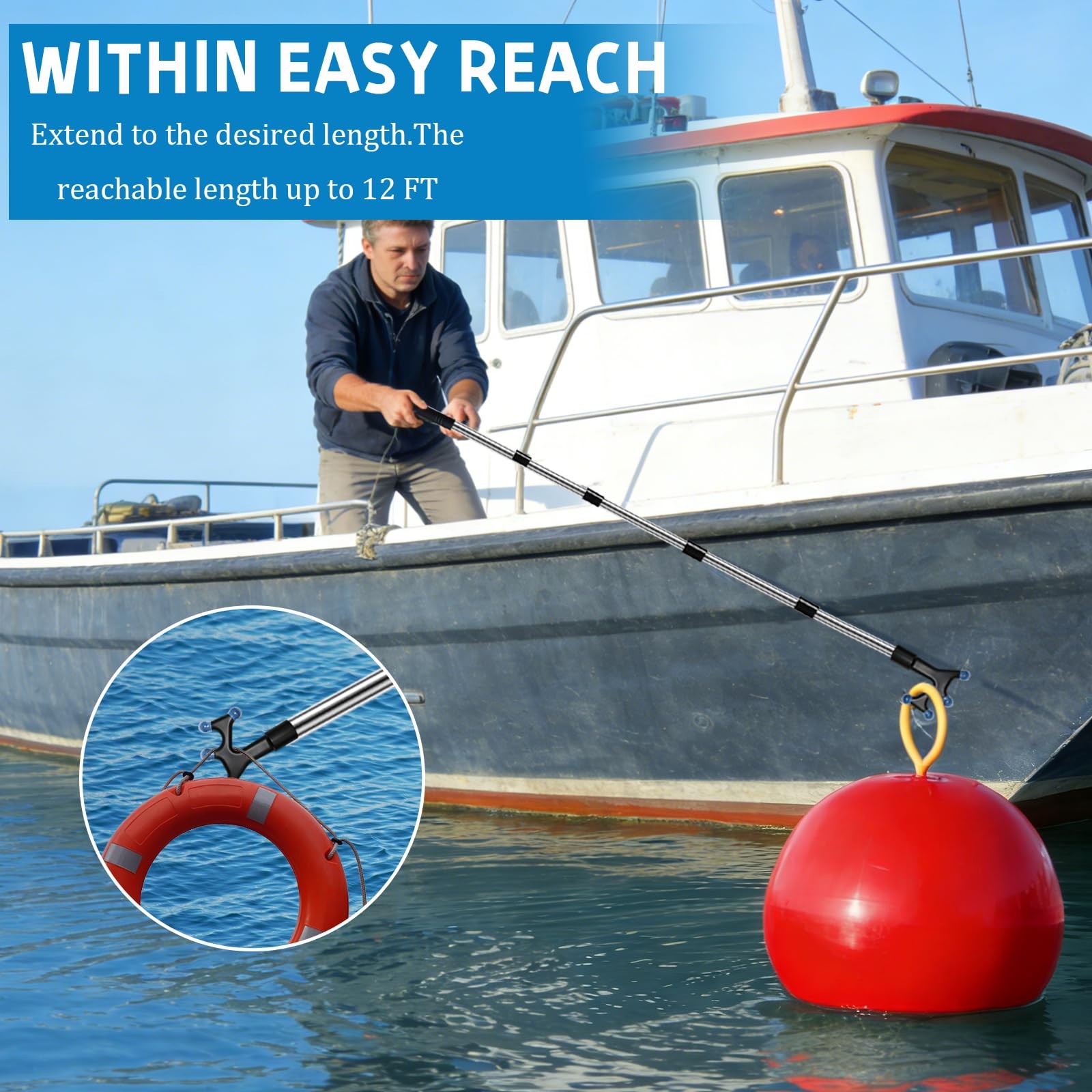 Boat Hook with 3-12Ft Adjustable Extension Pole, Push Pole for Boat, Stainles...