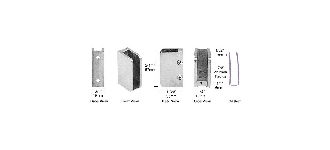 Polished Stainless 3/8" Closed Bottom Left Hand Radius Base Glass Clip