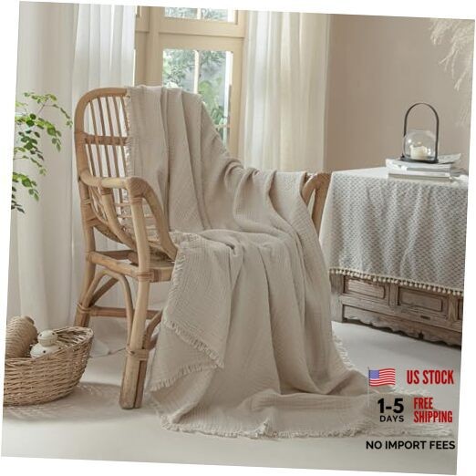 Muslin Fringe Blanket for Adults 100% Cotton 4-Layer Throw (50" × 60") Beige