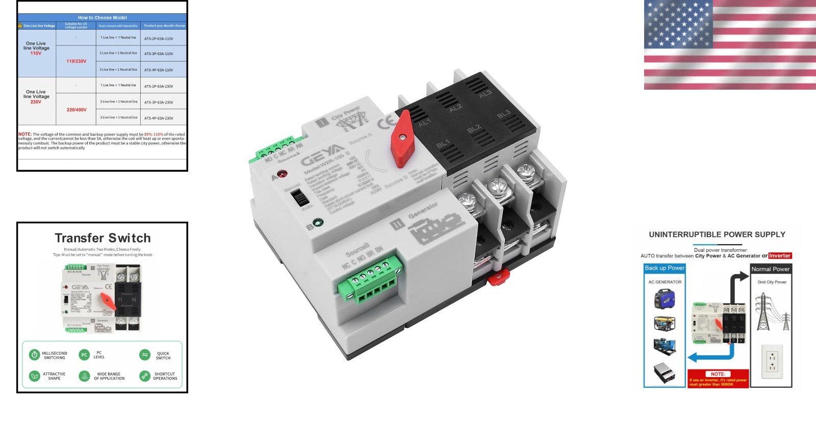 Mini Automatic Transfer Switch 3Pole 100A 220V Black