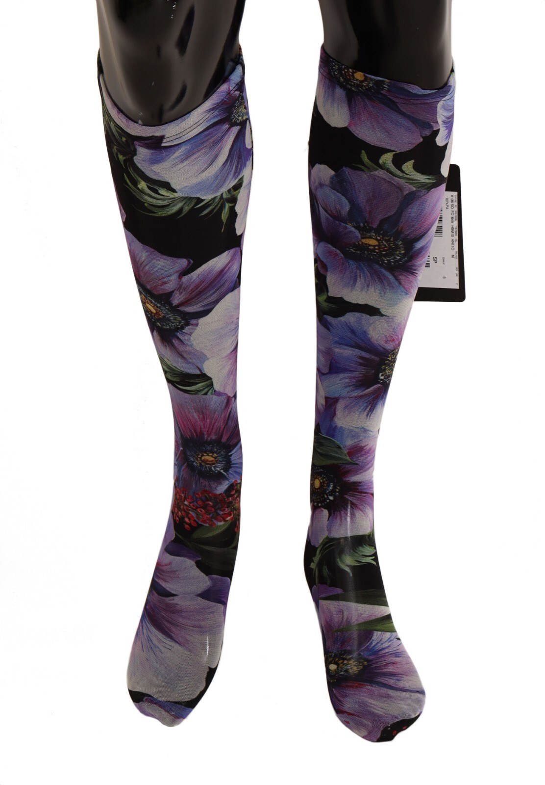 DOLCE & GABBANA Socks Nylon Black Floral Print Knee High Stockings s. M RRP $220