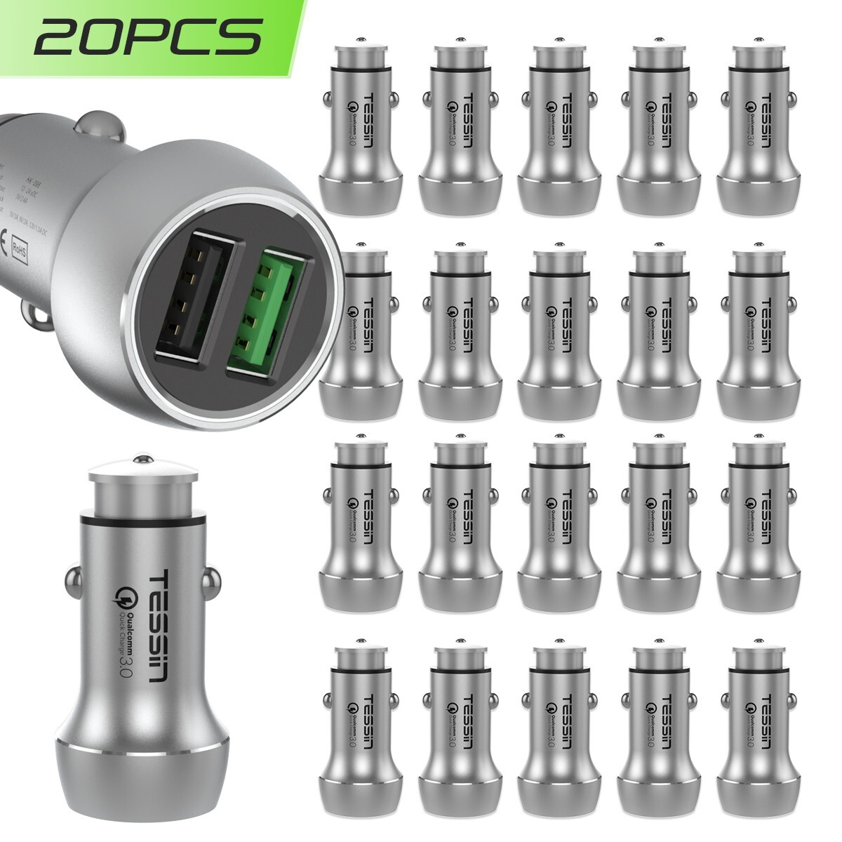 20-pack metal car charger with 2 USB fast charging ports, 5V/2.4A,wholesale