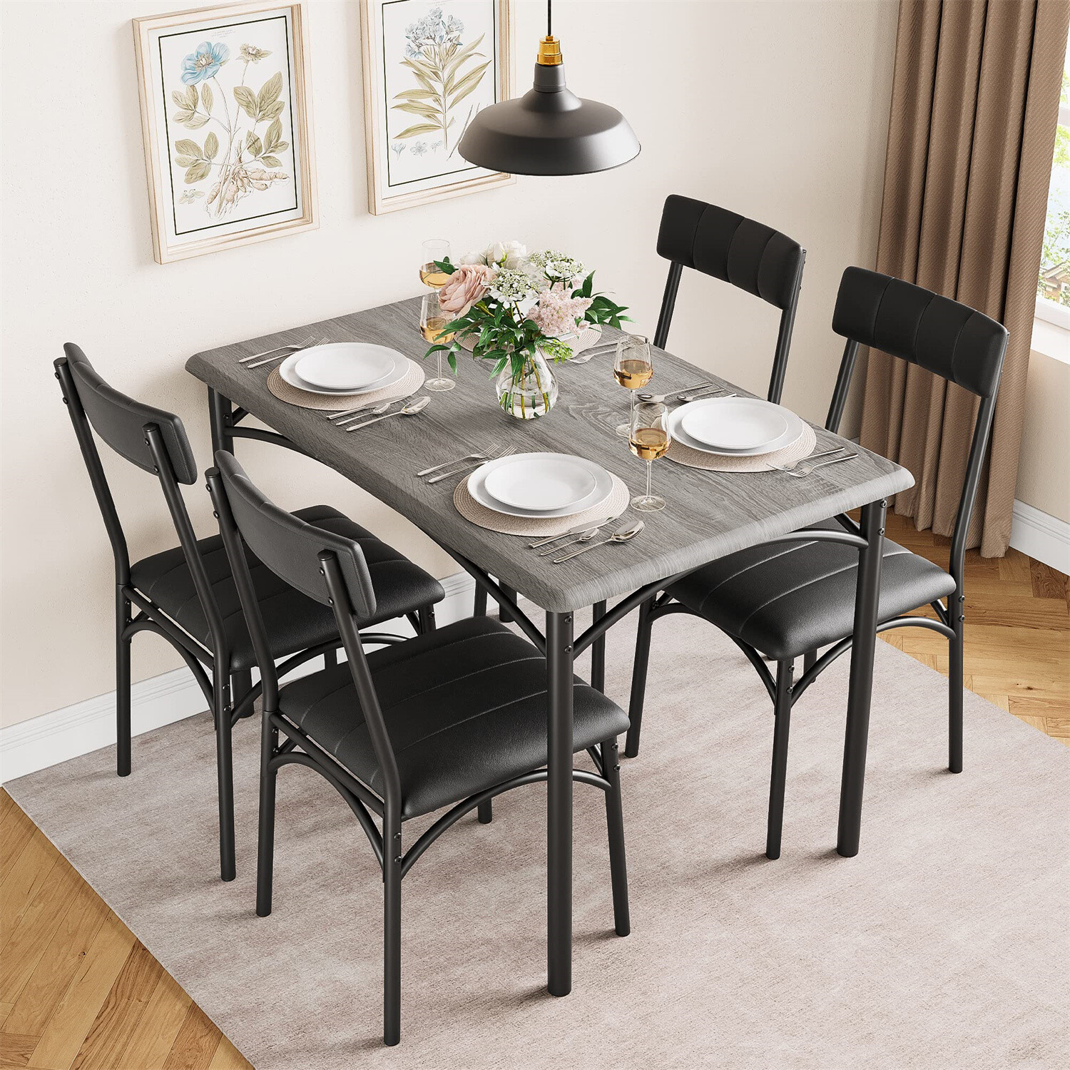 🔥Dining Table Set for 4 Kitchen Table Chairs Metal Wood Upholstered Dining Set