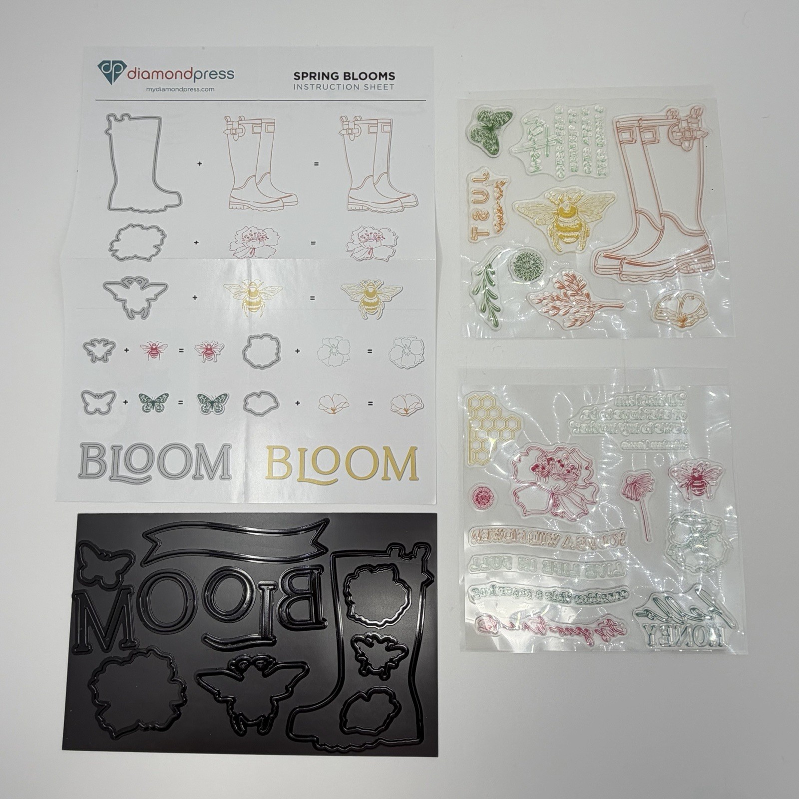 Diamond Press DP SPRING BLOOMS Wellie Boots Dies & Stamps Set Sentiments 34 pc