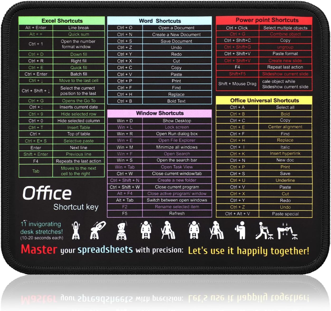 Office Shortcut Keys Mouse Pad Excel Word Windows Cheat Sheet Non-Slip 11.8x9.8"