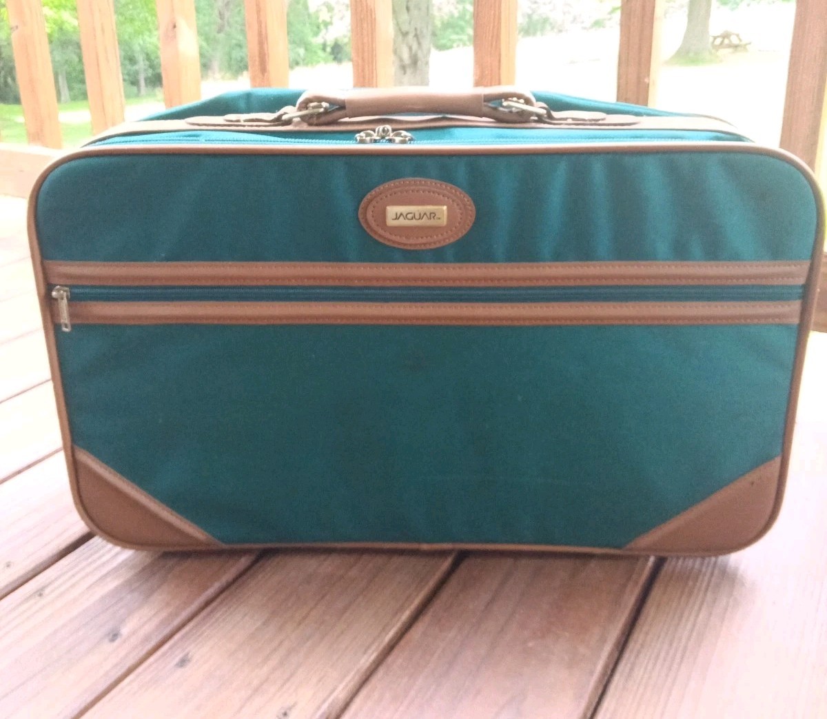 Jaguar Luggage Suitcase Travel Bag Green With Leather Trim - Vintage Luggage