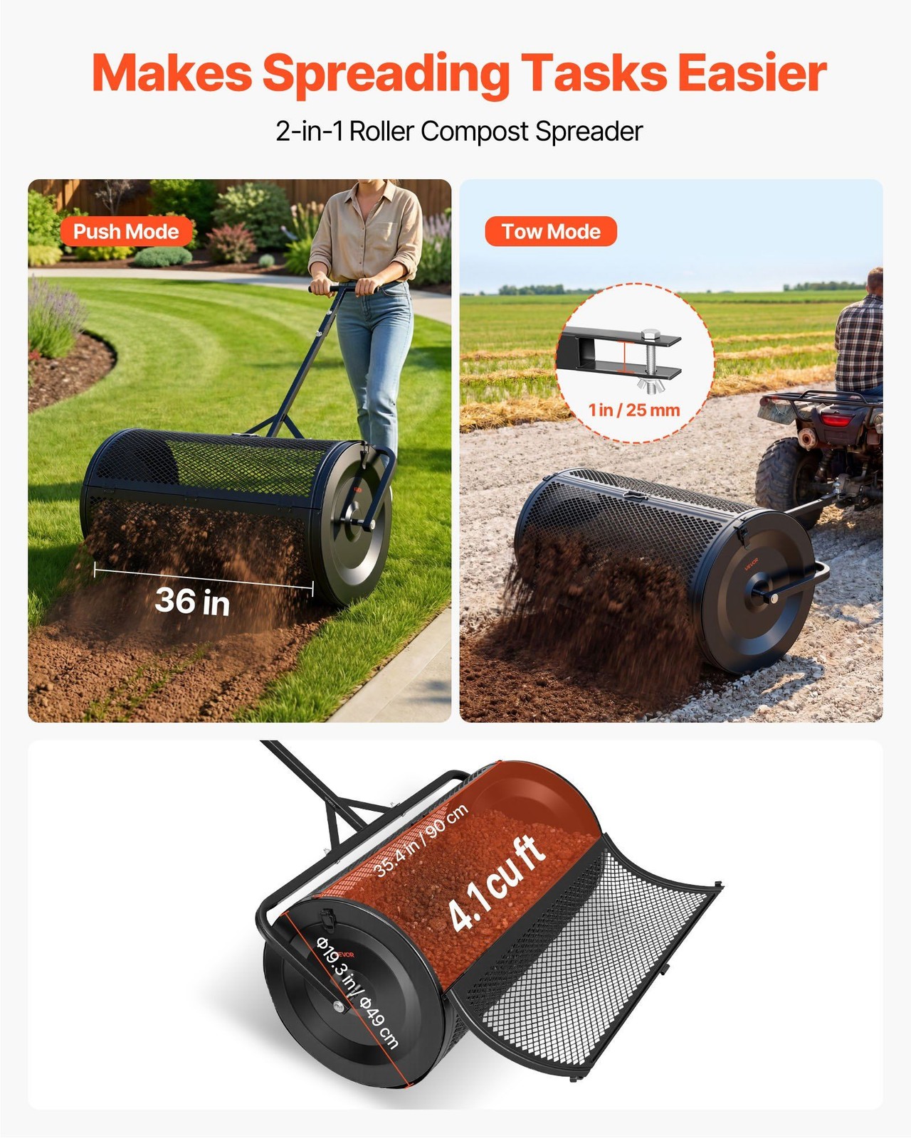 Peat Moss Spreader 36in, Steel Drum 4.1cu ft, Diamond Mesh, Push or Tow, Black
