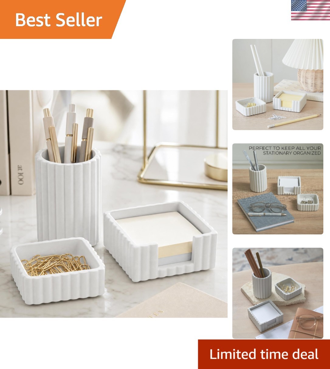 Modern Gray Concrete Desk Organizer - 3 Piece Set for Effortless Organization