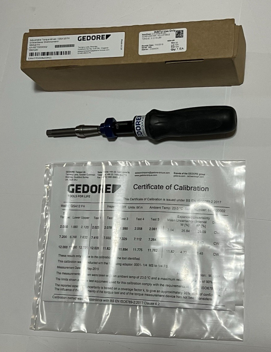 Gedore QSA12FH Hex Bit Adjustable Torque Screwdriver 2-12 In/Lb Box Paperwork