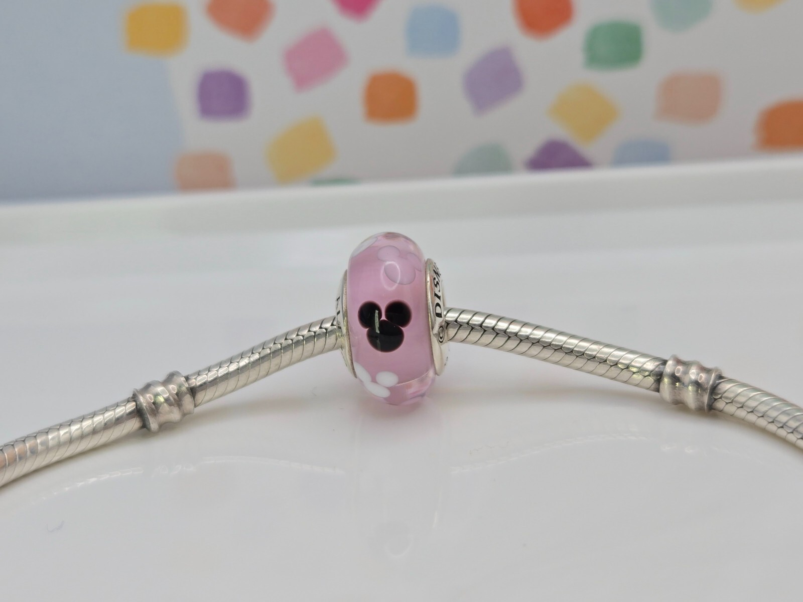 Authentic Pandora Disney Mickey Mouse Parks Pink Icon Murano glass Silver Charm
