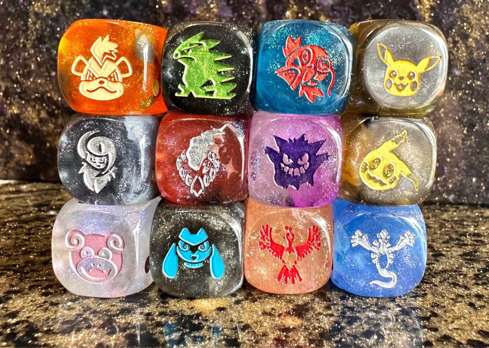 12 Pokemon Inspired D6 Dice Slowpoke Pikachu Lugia Magikarp Gengar Darkrai V EX