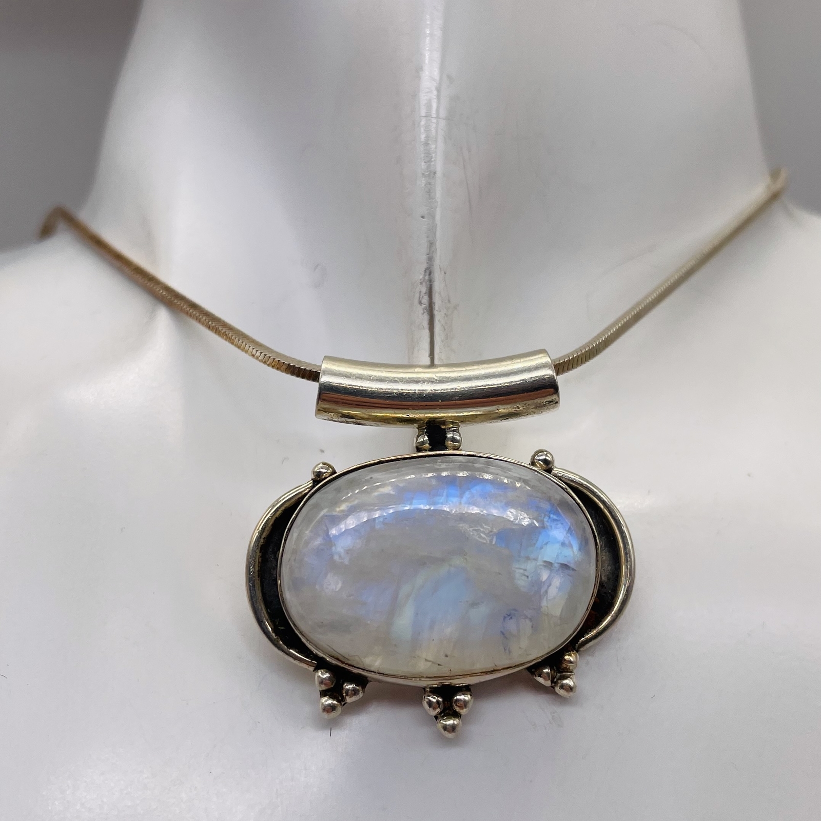 Alluring Rainbow Moonstone Sterling Silver Pendant | Blue White | 1 1/4" long |