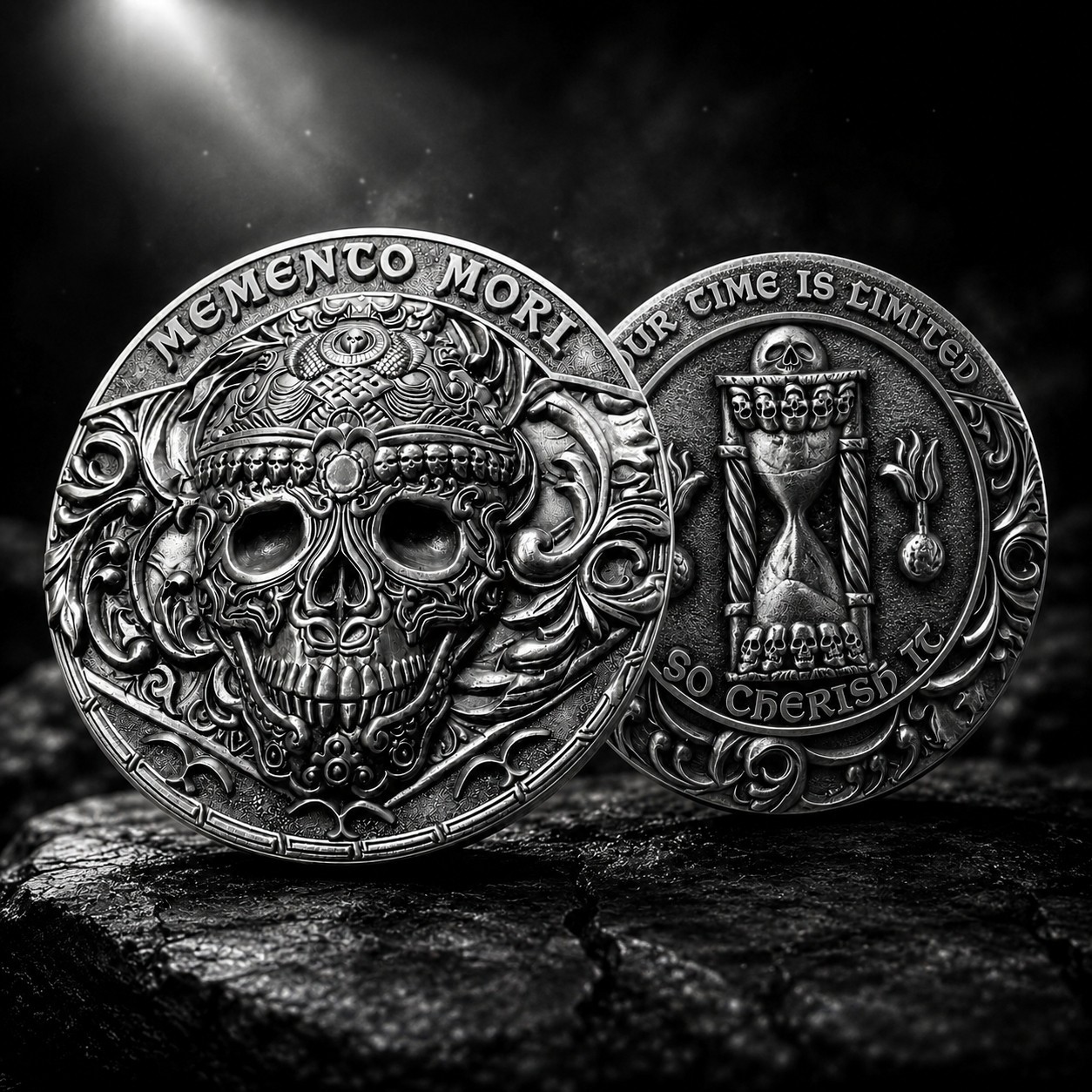 🔥Memento Mori Skull Challenge Coin Your Time Is Limited 3D Antique Silver Token