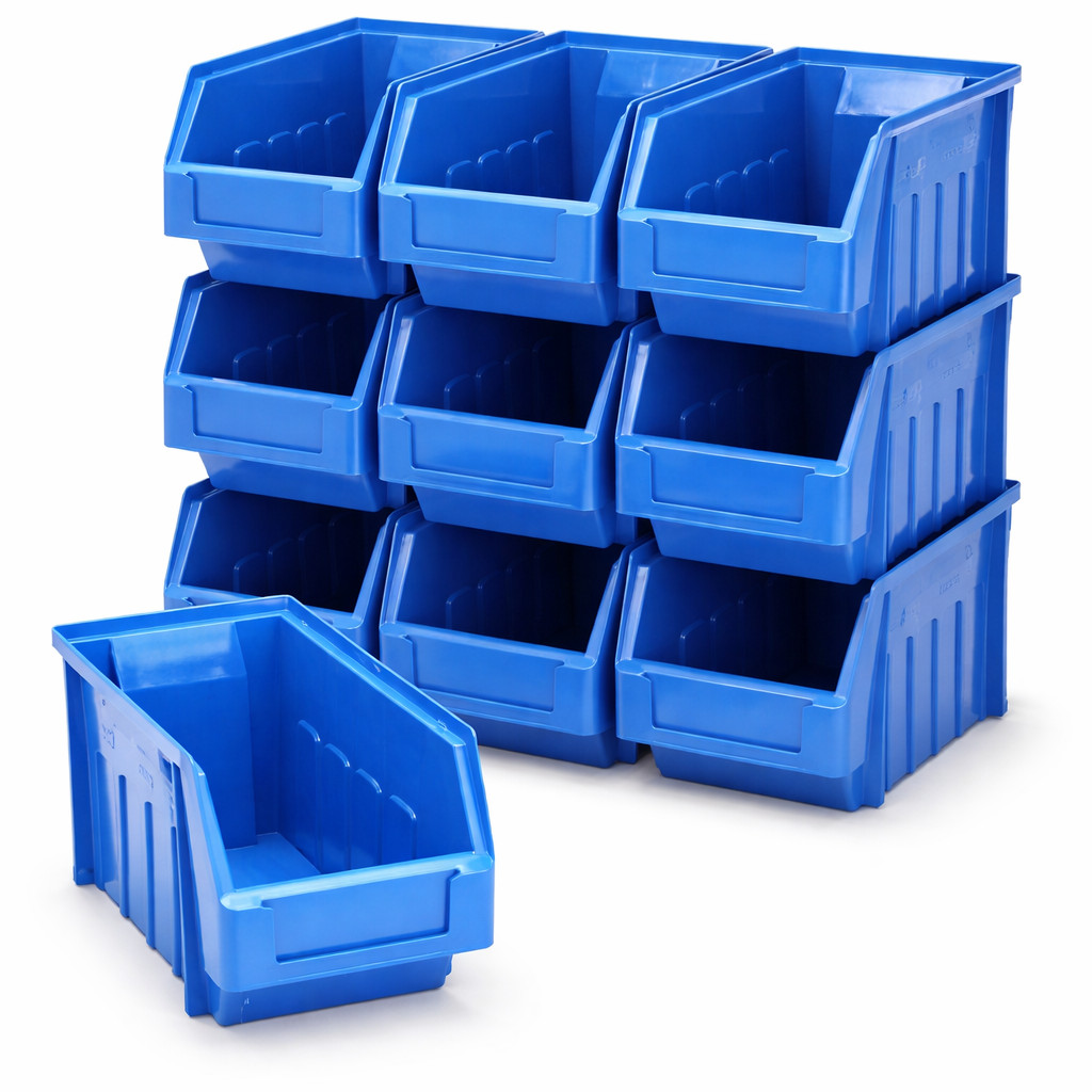10 Large Blue Stackable Open Front Storage Bins – Garage & Workshop Parts Boxes