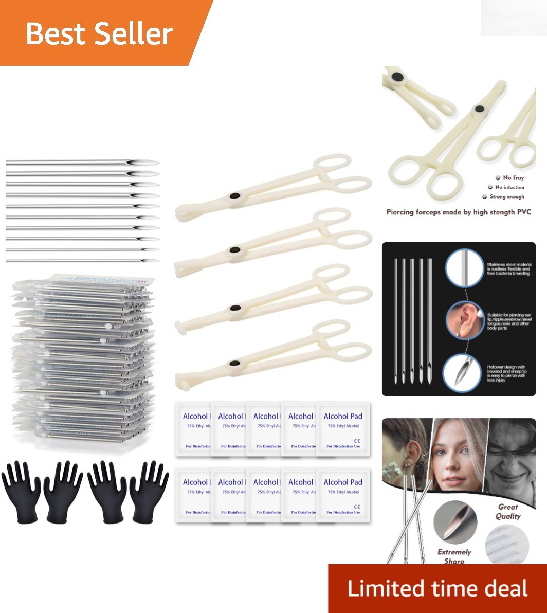 42-Piece Professional Body Piercing Kit - Sterilized Needles & Clamps Included