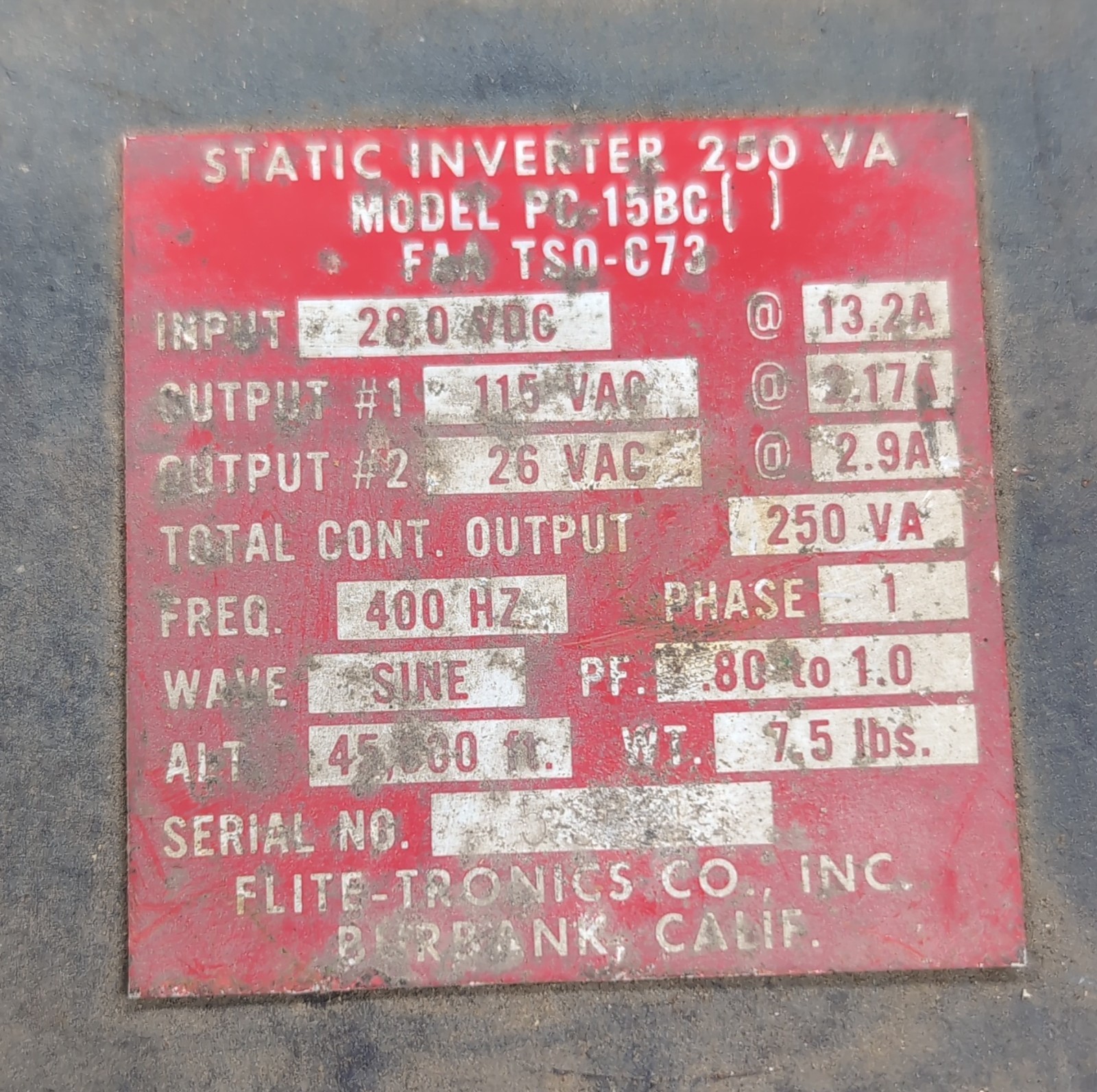 Flite-Tronics Static Inverter P/N PC-15BC