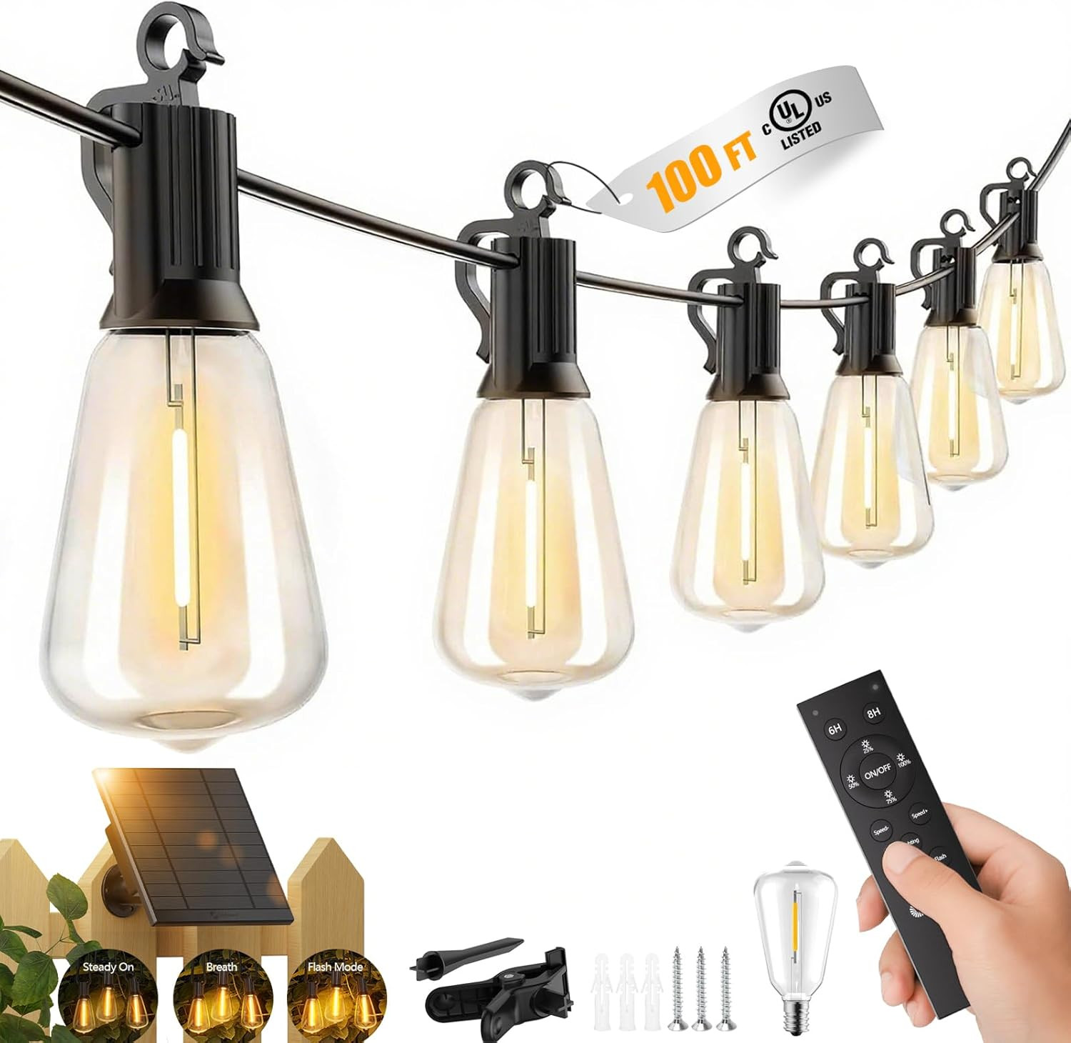 100FT Solar String Lights Outdoor Waterproof with Remote, 31+1 LED Shatterproof