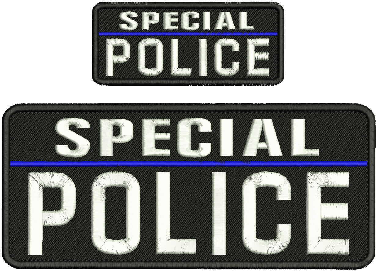 SPECIAL POLICE B l EMB PATCH 4X10 & 2X5 HOOK ON BACK  BLK/WHITE