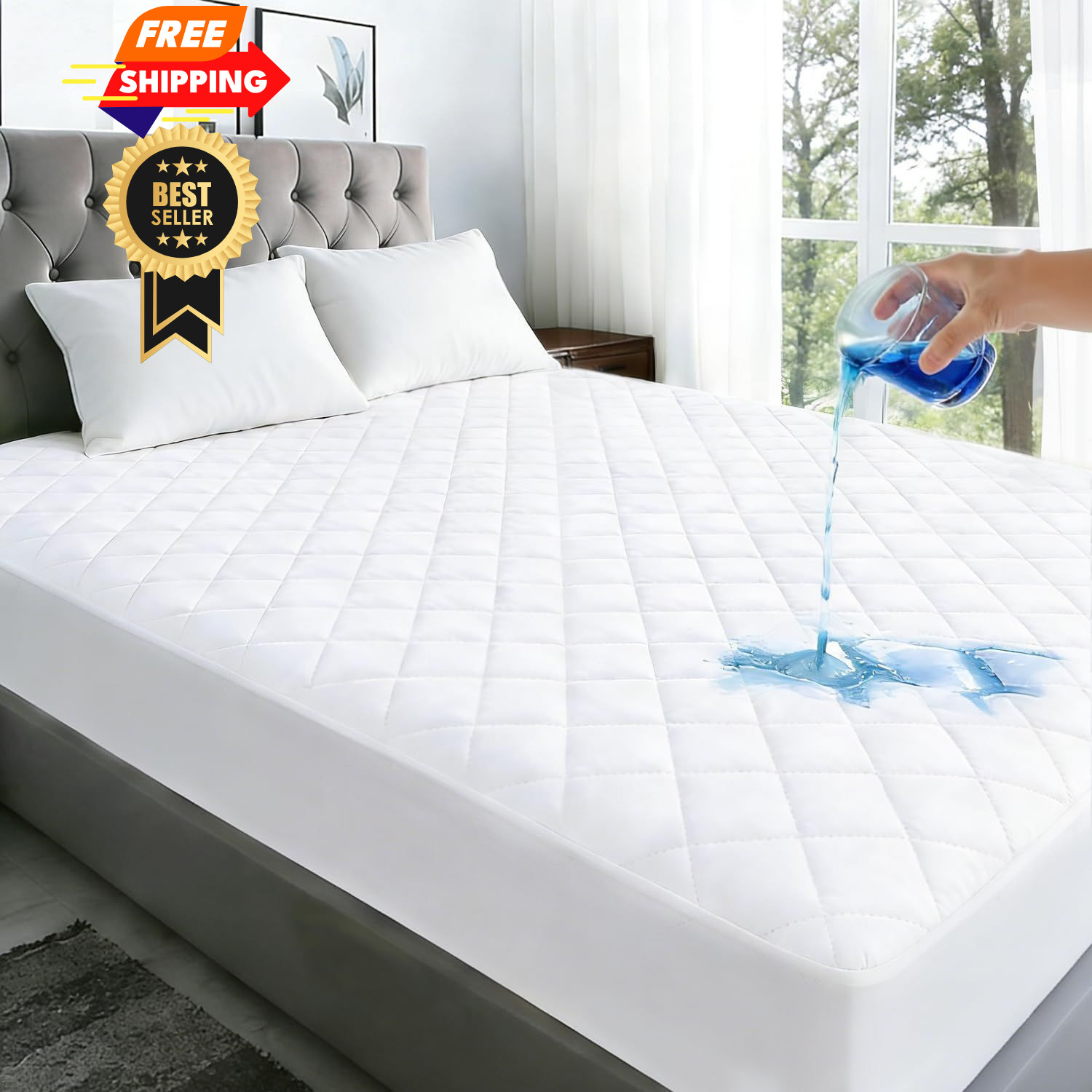 Twin Size Quilted Fitted Mattress Pad, Waterproof Twin, Pattern-2-white