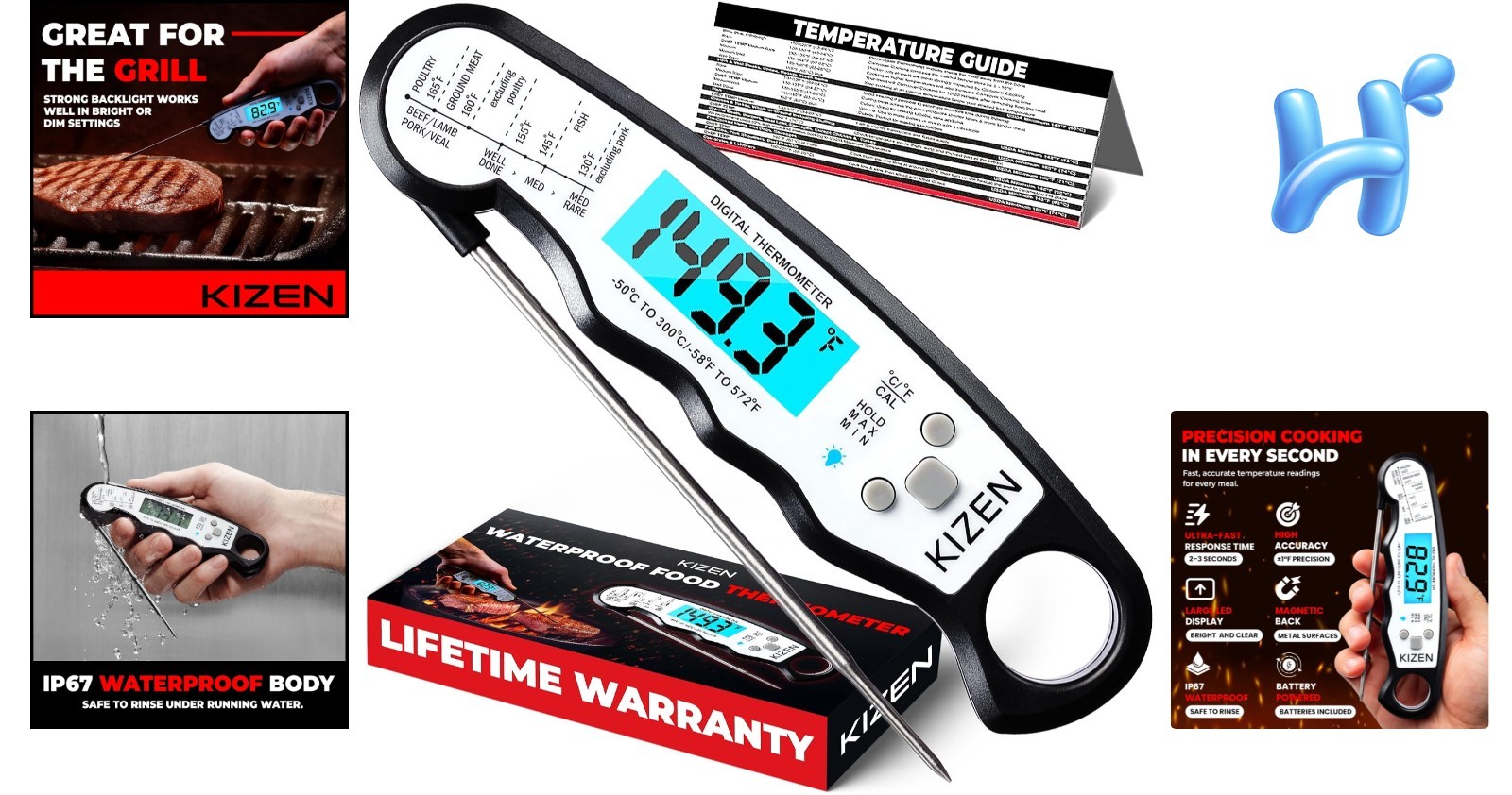 Digital Meat Thermometer 6.2 Inch Waterproof Fast Read Large Display Kitchen
