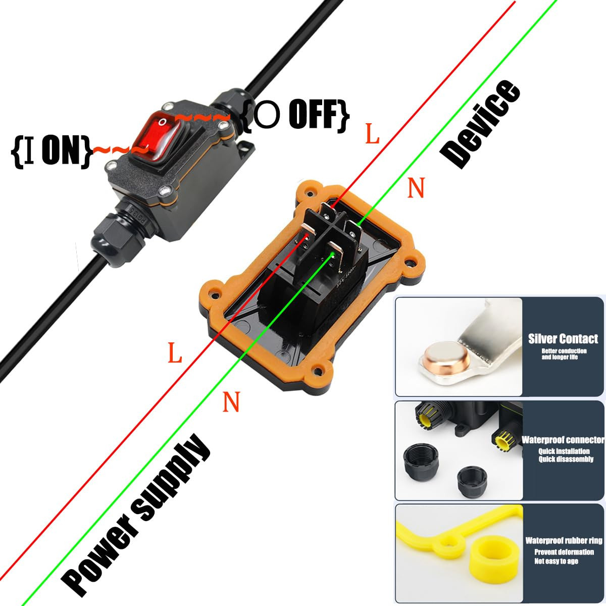 Waterproof Inline Cord Switch,DPST AC 20A-125V,16A-250V On Off Toggle Switch wit