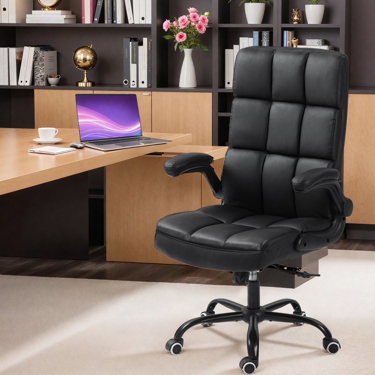 Leather Executive Chair High Back Adjustable Flip Up Arms Office Chair