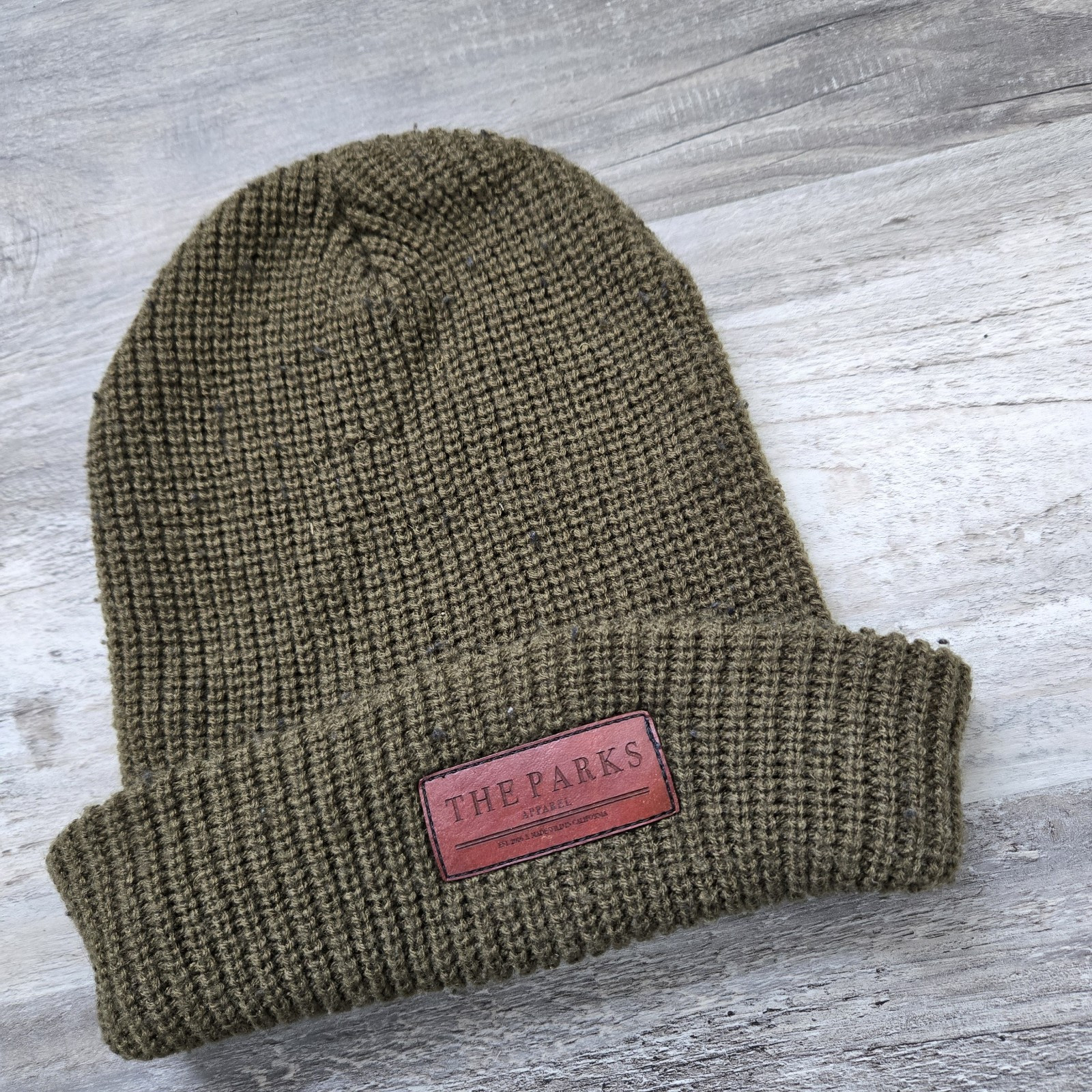 The Parks Apparel Olive Green Beanie Leather Brand Beanie Hat Winter Hiking