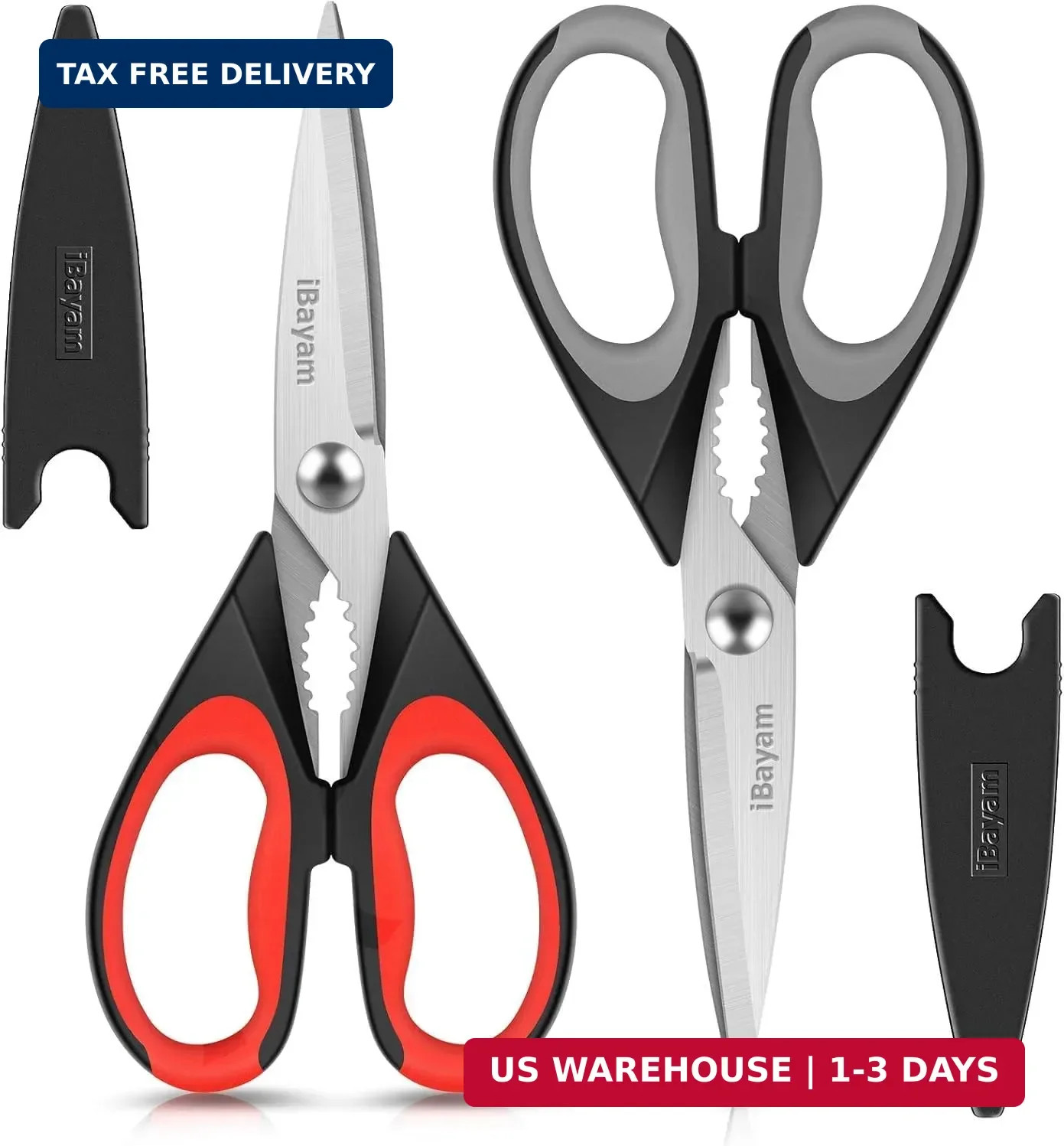iBayam Kitchen Scissors All Purpose Heavy Duty 2 Pack with Protective Sheath, St